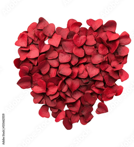 Heart shape made of red rose petals on black background, cut out