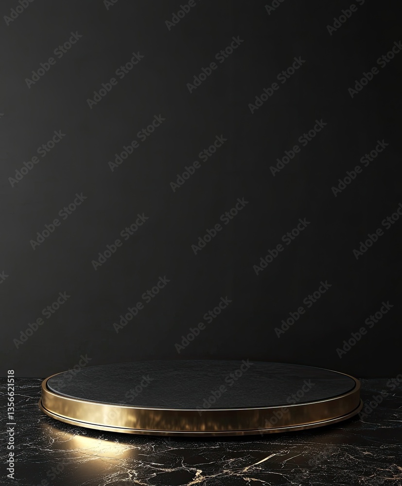Empty, round, dark gray stone podium on dark marble Empty, round, dark gray stone podium on dark marble