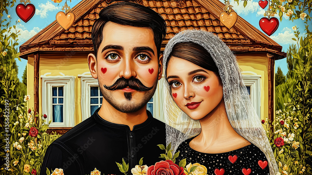 A charming couple, dressed in traditional attire, stands before a quaint yellow house, bathed in the warm glow of a summer's day.