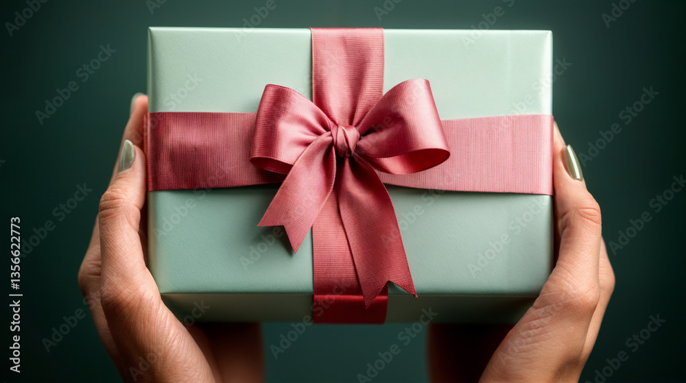 A delicate mint-green gift box, adorned with a rich rose-pink ribbon bow, is held gently in the hands.