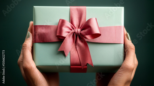 Obraz na płótnie A delicate mint-green gift box, adorned with a rich rose-pink ribbon bow, is held gently in the hands. w salonie