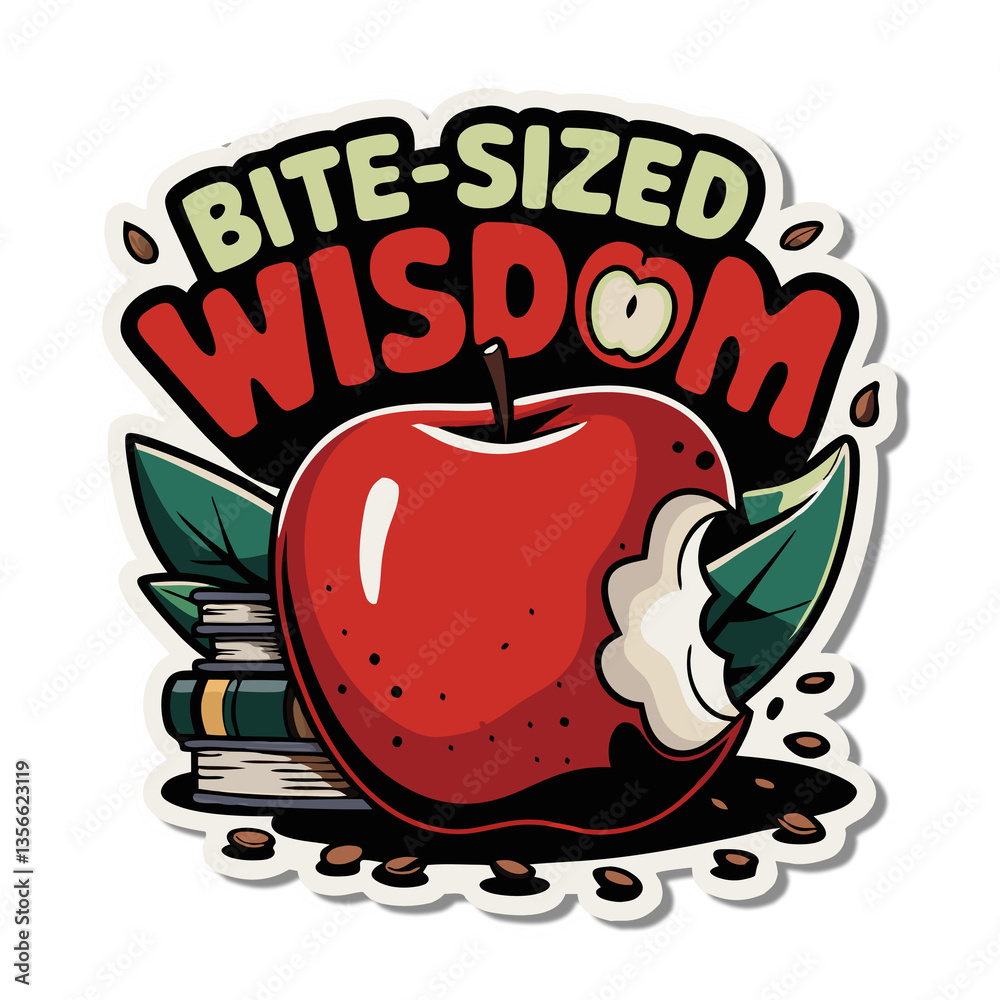 a vibrant sticker with a red apple, some leaves, and a bite taken out of it. The words
