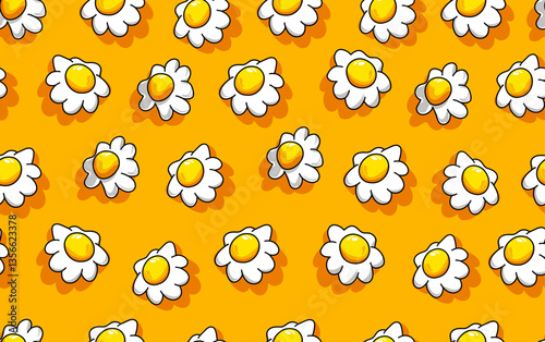Seamless Pattern with Cartoon Chamomiles on Orange Background, Vector Illustration