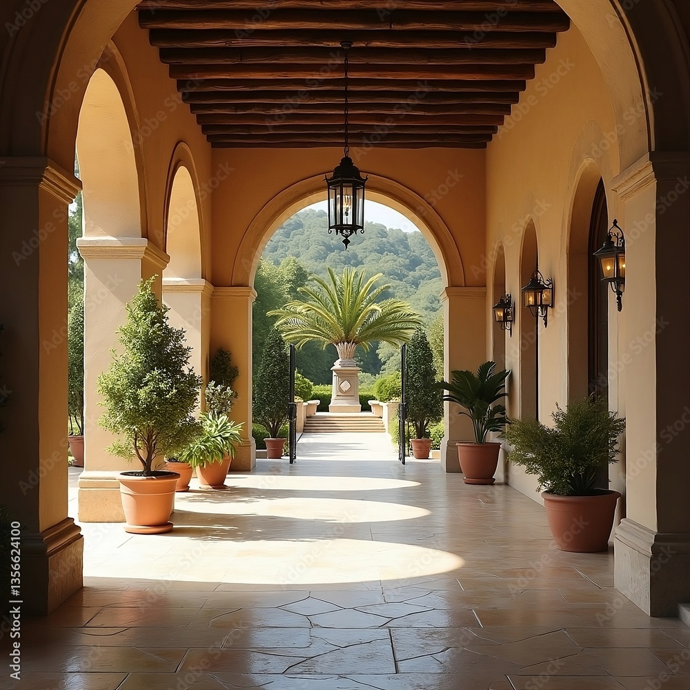 Fototapeta premium A classic Italian villa-inspired wedding mockup with Tuscan arches, elegant stone flooring, and soft ambient lighting for a timeless Mediterranean feel. High-resolution, warm wedding ambiance