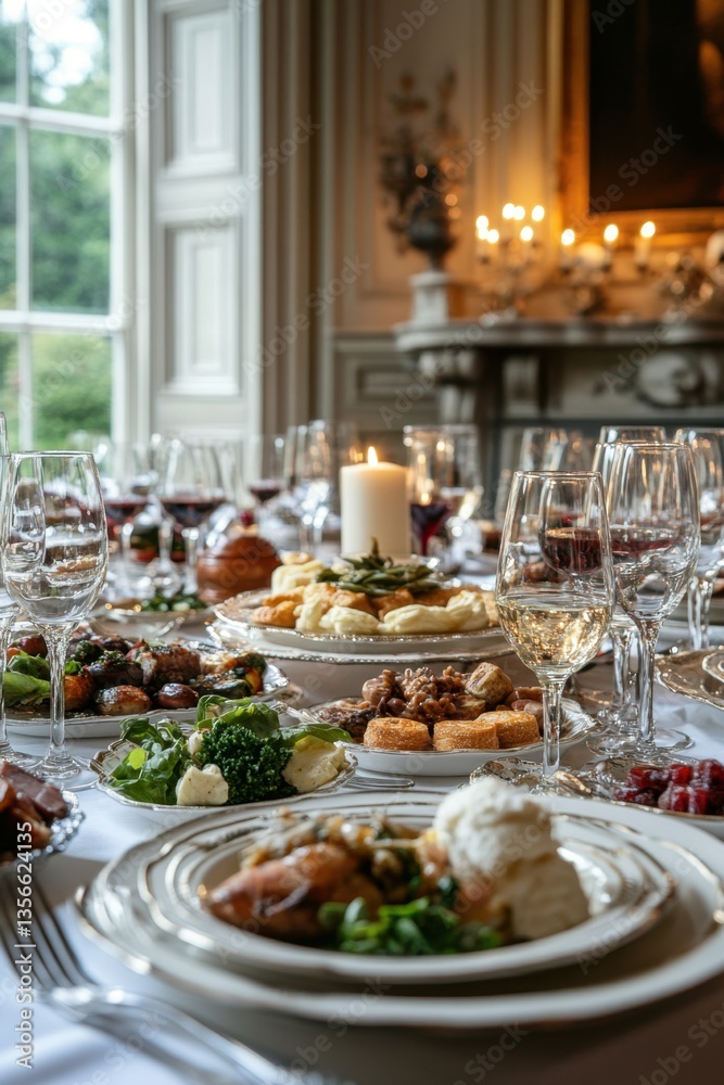 Opulent dining table set with gourmet dishes and fine wine for a festive gathering in a luxurious setting creating a warm and inviting atmosphere Opulent dining table set with gourmet dishes and fine wine for a festive gathering in a luxurious setting creating a warm and inviting atmosphere