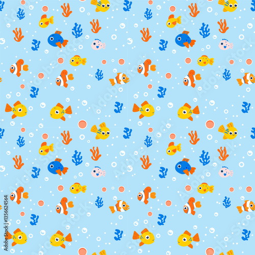 Seamless Sea Pattern with Fishes, Corals and Bubbles on Blue Background, Vector Illustration