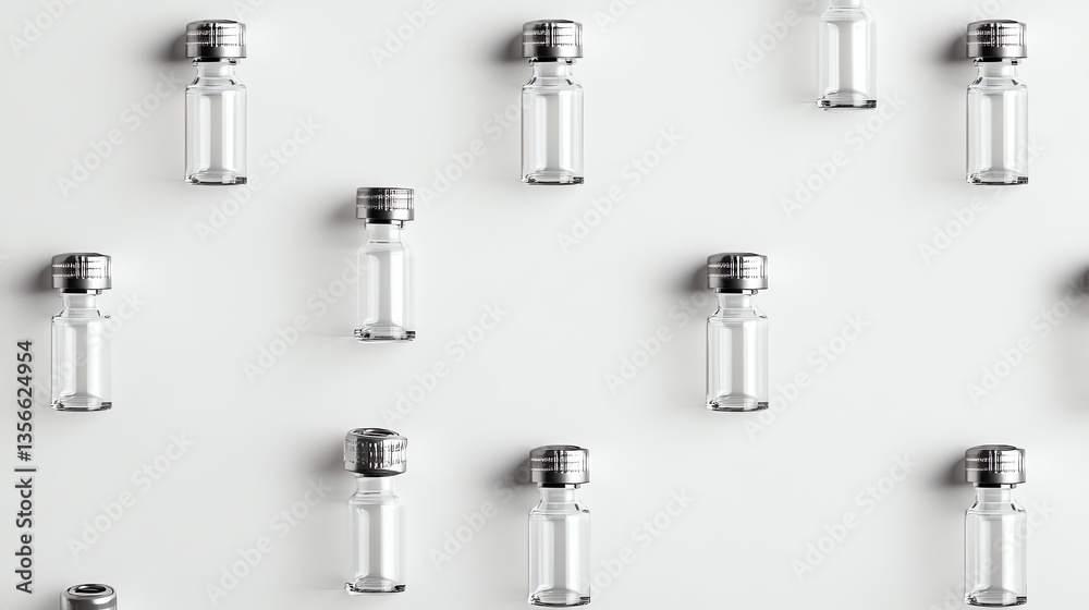 Multiple glass vials with silver caps on a white background. Multiple glass vials with silver caps on a white background.