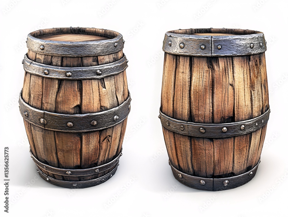 Fototapeta premium Antique Wooden Barrels: A pair of aged wooden barrels with metal bands stand as silent witnesses to eras past. The coarse texture and weathered appearance evoke a sense of heritage and tradition. 