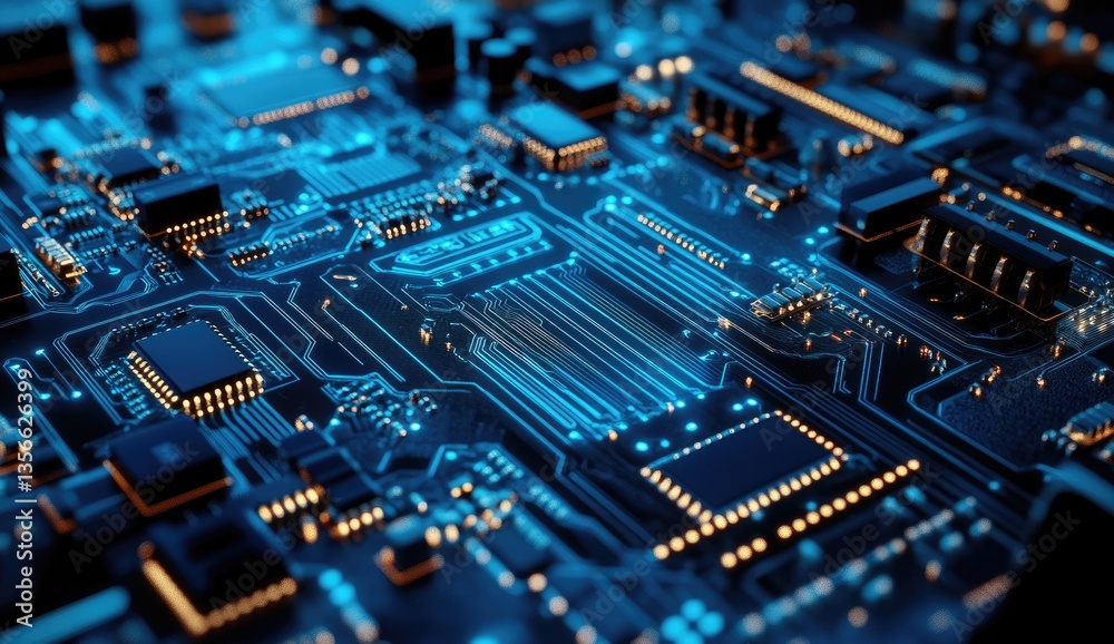 Close-up of a complex circuit board with glowing components Close-up of a complex circuit board with glowing components