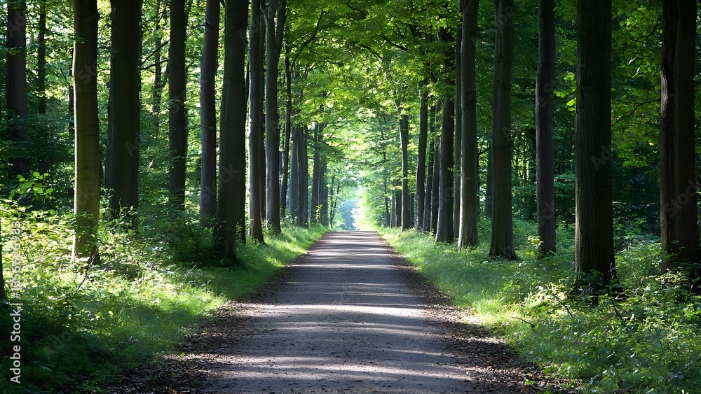Obraz premium A serene forest pathway lined with tall trees, bathed in soft sunlight filtering through the leaves. Concept Serene Forest Pathway, Tall Trees, Soft Sunlight, Nature Walk, Tranquil Scenery