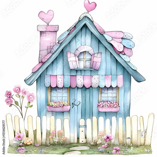 Watercolor blue cottage illustration