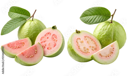 Guava fruit with leaves isolated, Fresh fruits collection, Collection set of whole and half pink guava with leaf isolated