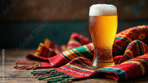 Obraz na płótnie Frosty Beer Glass with Colorful Mexican Sarape Isolated on Transparent Background for Marketing Mexican Cuisine and Cultural Events w salonie