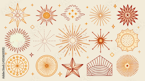 AI generated flat vector sunburst and starburst radiant ray designs with fine line symmetry and decorative patterns.