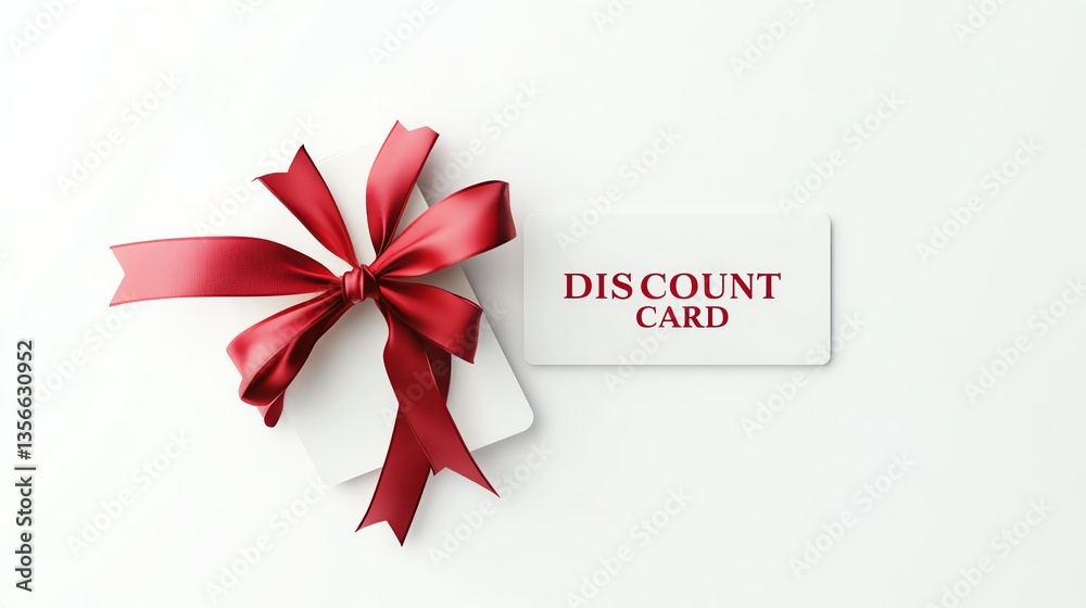 Discount card with red ribbon on a white isolated background. Discount card with red ribbon on a white isolated background.