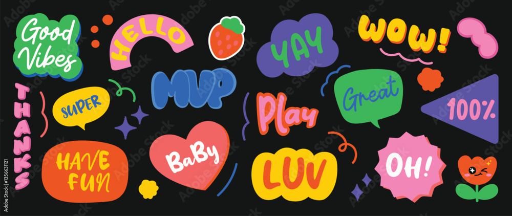 Set of doodle and speech bubble vector. Collection of contemporary figure, speech bubble with text good vibes, happy, great, wow, have fun. Chat design element for banner, print, sticker. Set of doodle and speech bubble vector. Collection of contemporary figure, speech bubble with text good vibes, happy, great, wow, have fun. Chat design element for banner, print, sticker.