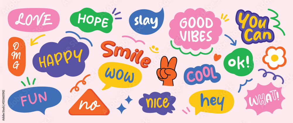 Obraz premium Set of doodle and speech bubble vector. Collection of contemporary figure, speech bubble with text good vibes, happy, love, cool. Chat design element for banner, print, sticker.