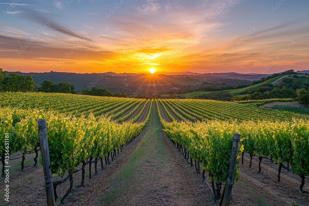Fototapeta premium Vineyard rows stretch toward a bright sunset over rolling hills and a colorful sky landscape