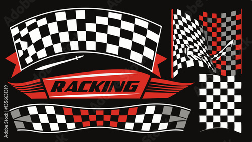 High-definition AI generated vector racing stripe banners featuring checkered patterns, speed lines, and flag illustrations for motorsport design.