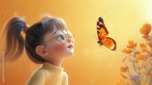 Little girl in glasses gazing at a butterfly in a colorful spring setting
