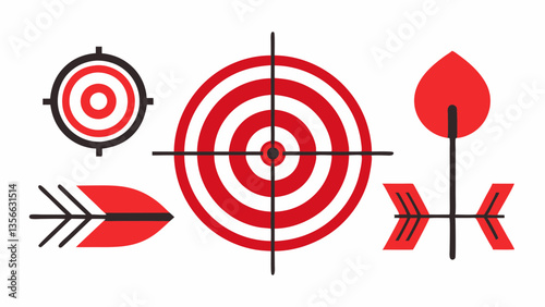 AI Generated vector archery icon set featuring red and black targets with crosshairs, arrowhead, fletching, and full arrow ideal for precision, sport design, and goal-focused visual themes