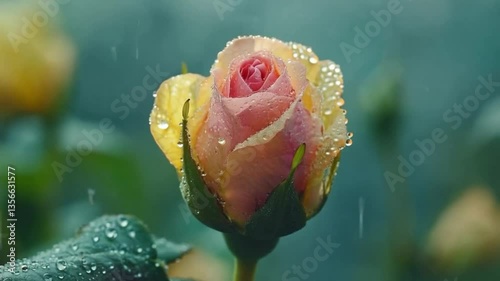 Close-up of a blooming rose with droplets glistening in the rain
