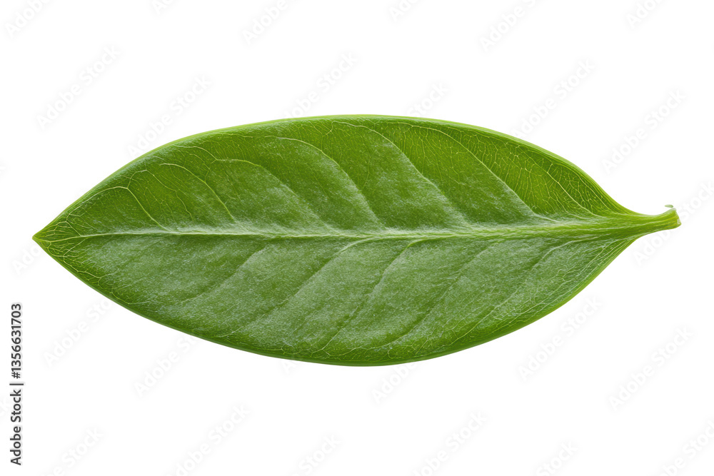 Fototapeta premium Close-up of a single green leaf with detailed veins on black background, cut out
