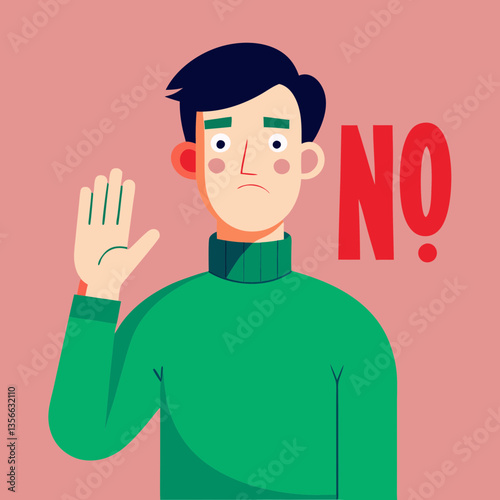 AI generated minimalist vector illustration of a serious man in a green sweater making a strong 'NO!' gesture, bold typography