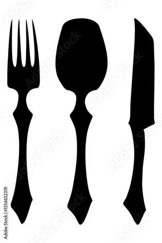 cutlery in black color, vector image of spoon fork and knife in gothic style, dishes, restaurant, serving, etiquette, cutlery set, isolated on transparent