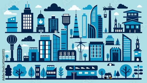 AI generated futuristic urban cityscape icons featuring skyscrapers, smart city elements, and modern architecture