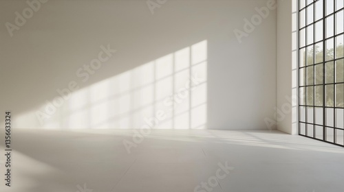 Empty room with a large window on the right side. the room has a white floor and walls, and the window is made up of large, rectangular panels that are arranged in a grid-like pattern.