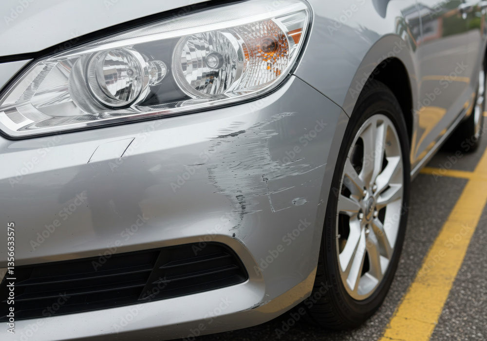 Closeup of car front bumper with scratches and scuff marks. Closeup of car front bumper with scratches and scuff marks.