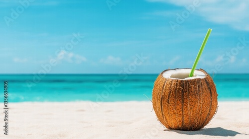 Wallpaper Mural A coconut drink sits on a sandy beach with a clear blue ocean and sky in the background, evoking a tropical paradise vibe. Torontodigital.ca