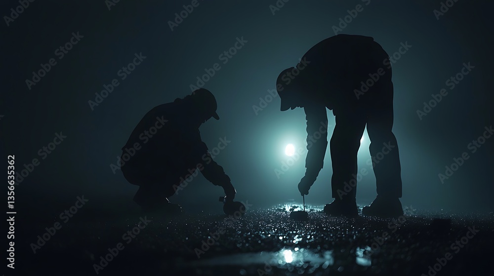 Naklejka premium Two figures investigate a scene at night