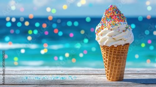 Delightful ice cream cone with colorful sprinkles against a vibrant ocean backdrop creating a summer mood capturing the essence of a beach vacation