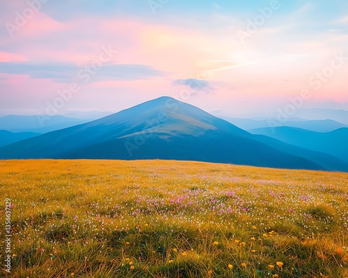 Sunset Mountain Meadow Landscape.