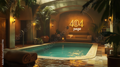 Luxurious Indoor Pool with Tropical Plants and 404 Neon Sign