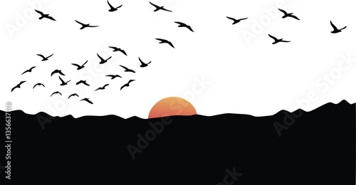 Birds Flying at Sunset Silhouette, Nature, Freedom, Tranquility, Landscape Icon


