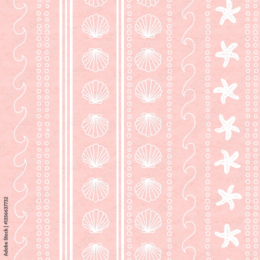 Shells, bubbles and waves pink background seamless pattern Shells, bubbles and waves pink background seamless pattern