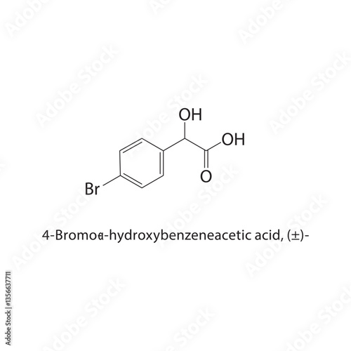 4-Bromo-α-hydroxybenzeneacetic acid, (±)- skeletal structure. Hydroxy acid compound schematic illustration. Simple diagram, chemical formula.