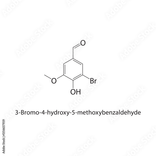 3-Bromo-4-hydroxy-5-methoxybenzaldehyde skeletal structure. Hydroxybenzaldehyde compound schematic illustration. Simple diagram, chemical formula.