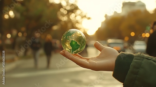 Fototapeta Naklejka Na Ścianę i Meble -  Hand holding small glass globe in city.