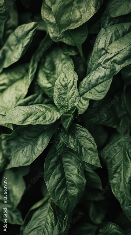 Obraz premium Lush green foliage close up showcasing intricate leaf veins and textures in a natural botanical setting vibrant and organic