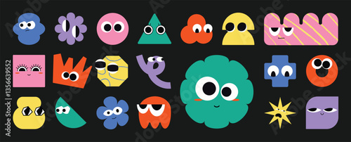 Set of colorful funny shape element vector. Collection of cartoon characters, cute doodle dawn, geometric, organic shape with fun eye. Design for decorative, sticker, toys and kids.