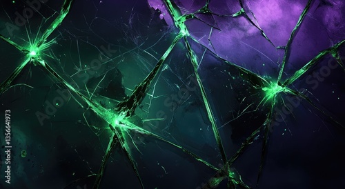 Shattered, glowing, dark, vibrant abstract background with fragmented shapes, suggesting a broken world or consciousness.  Intricate network of lines and glowing points