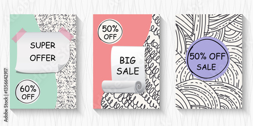 Title: Big sale banner set. Special offer price label design. Super Sale promotion banner template. Doodle background. Vector Illustration.