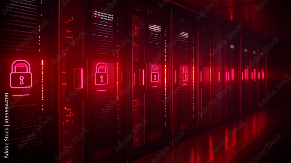 Data Security Concept with Locked Servers in a Dark Environment with Red Neon Lights and Reflections Data Security Concept with Locked Servers in a Dark Environment with Red Neon Lights and Reflections