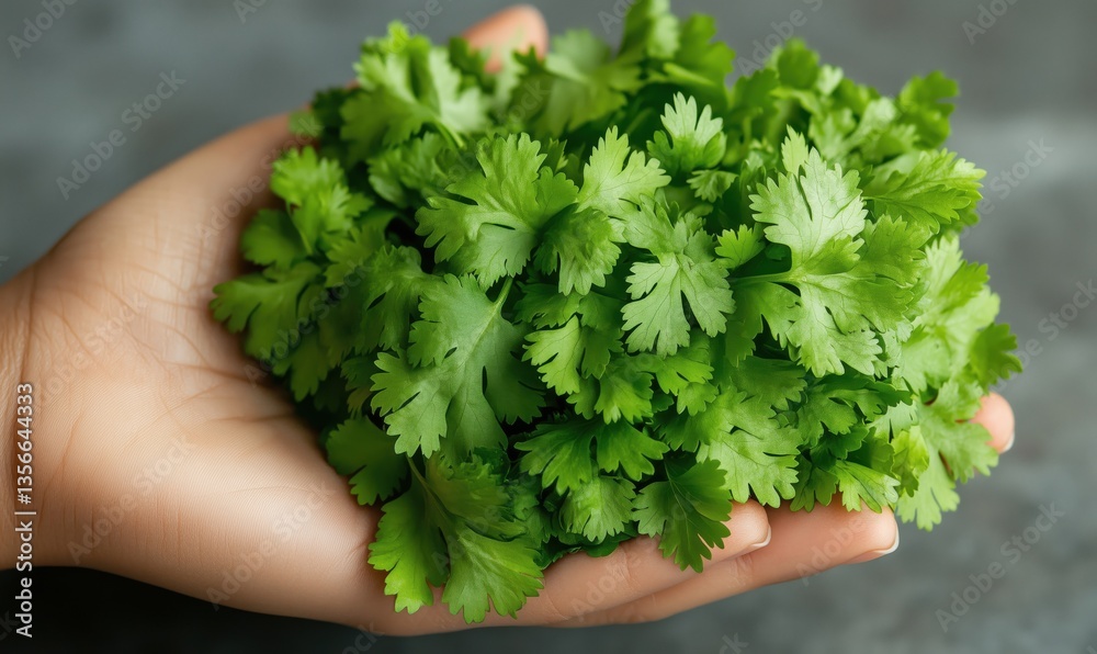 Fresh cilantro leaves held in hand showcasing vibrant green color and texture Fresh cilantro leaves held in hand showcasing vibrant green color and texture