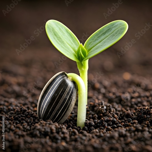 Wallpaper Mural Close-up of a sunflower seed sprouting in rich brown soil, with delicate green shoots emerging, Ai Generated Torontodigital.ca