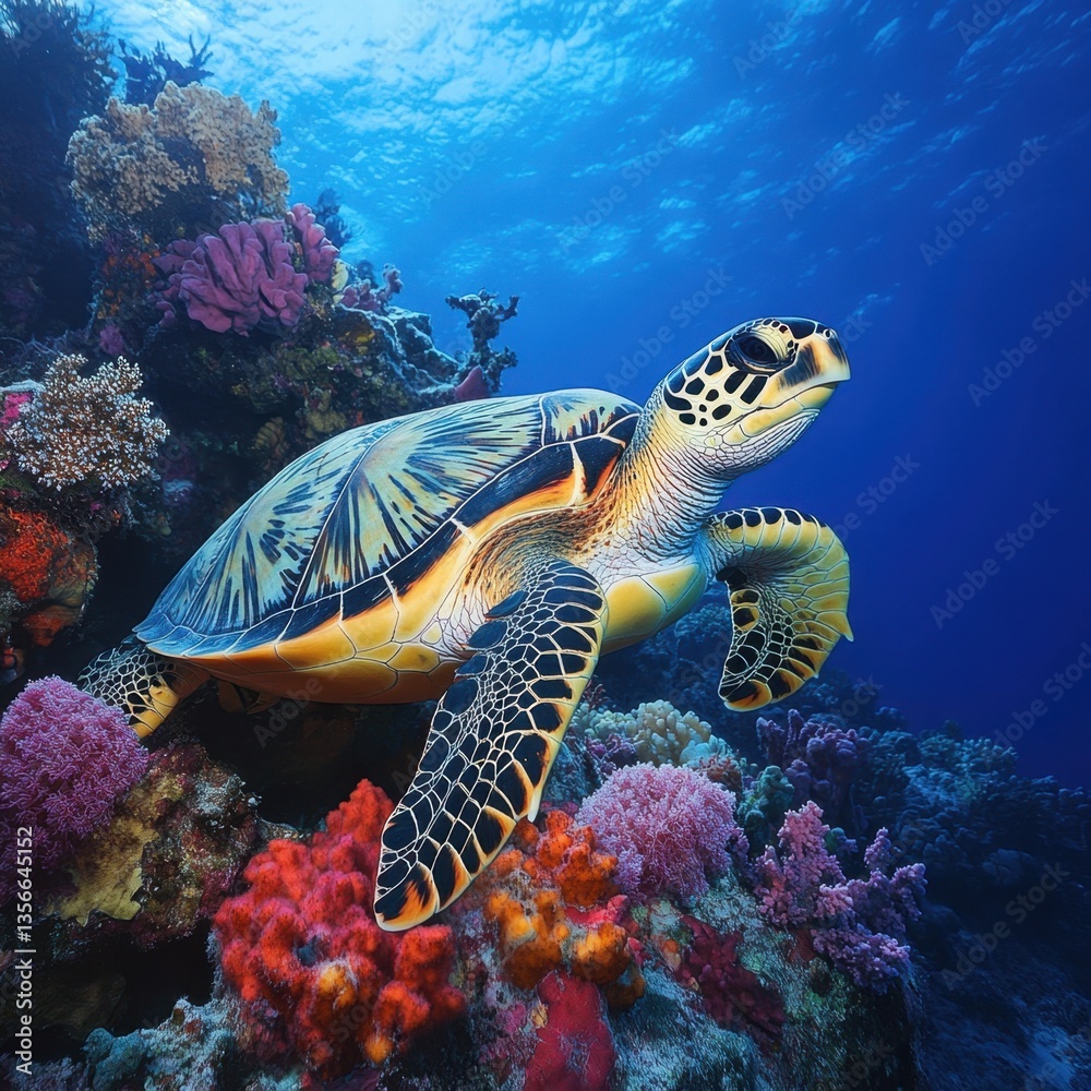 Fototapeta premium Graceful sea turtle swimming near colorful coral reef in clear blue ocean water marine life ecosystem underwater world aquatic scene